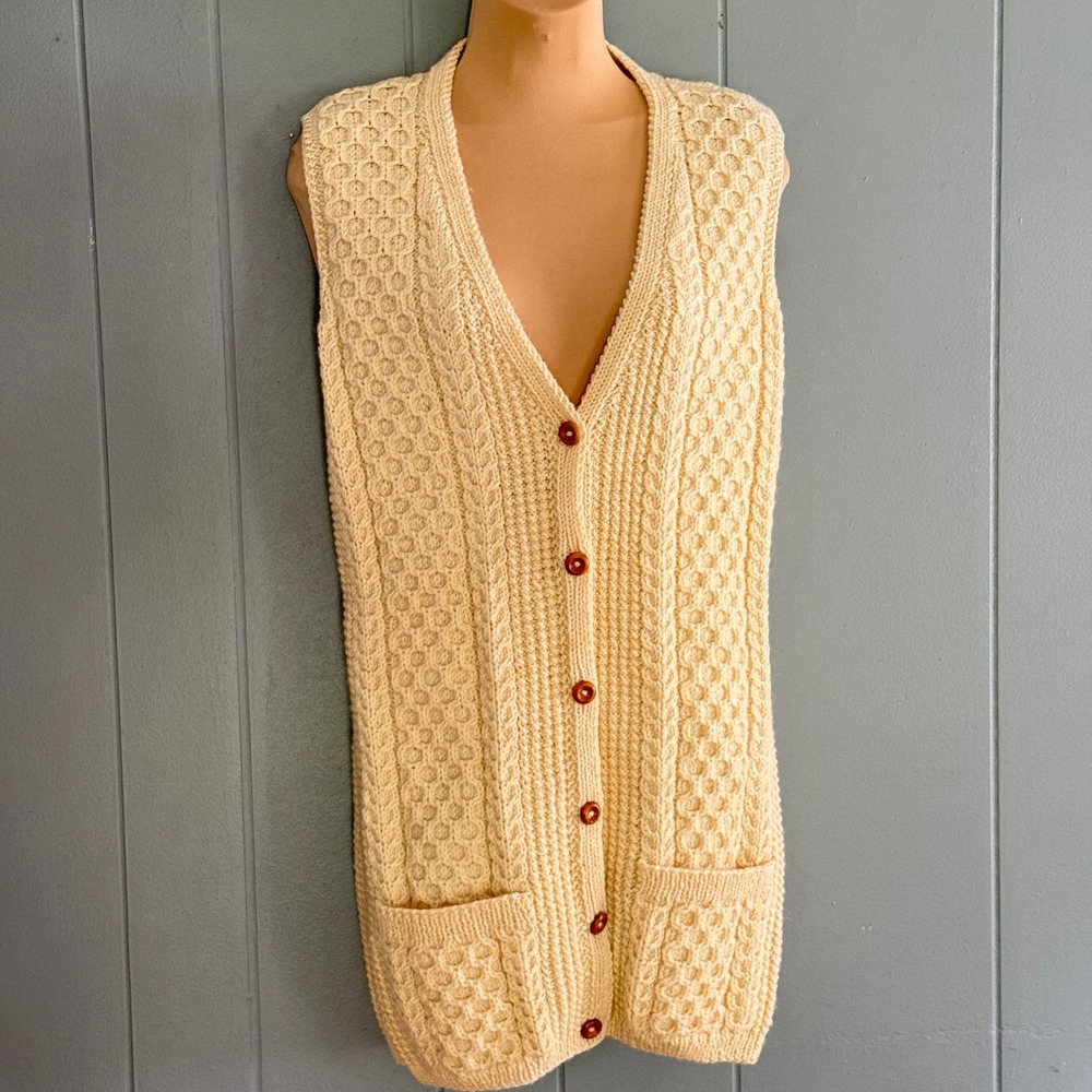 Vintage Handmade Cream Aran Cable Knit Longline Vest Cardigan Wooden Buttons S/M